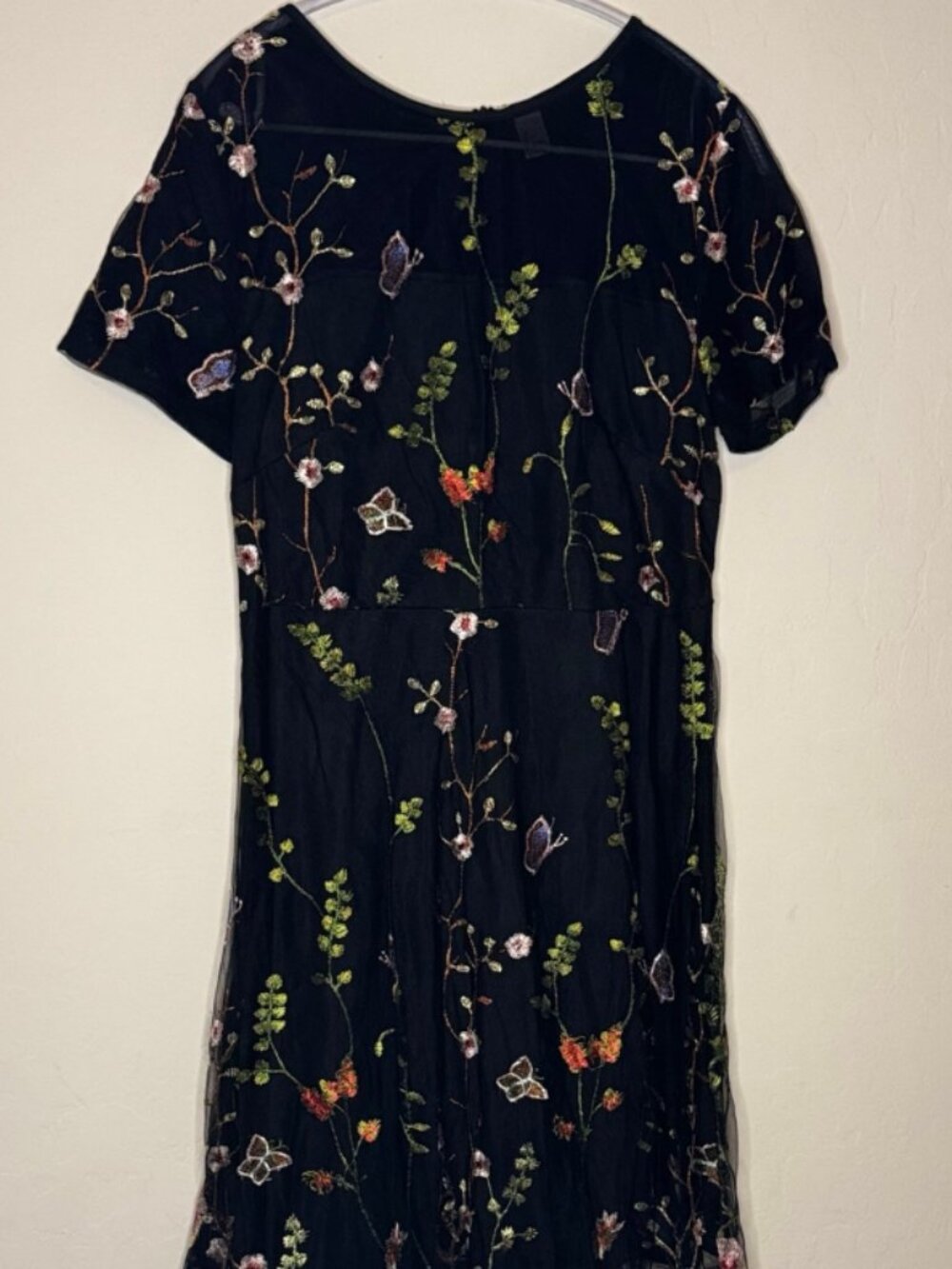 Black embroidered floral mesh dress